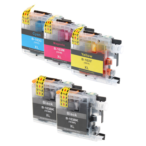 Compatible Brother LC103 (LC103BK/LC103C/LC103M/LC103Y) Inkjet Color Combo, 2xBlack, Cyan, Magenta, Yellow, 600 High Yield, 5 Cartridge Pack (2K/1C/1M/1Y)
